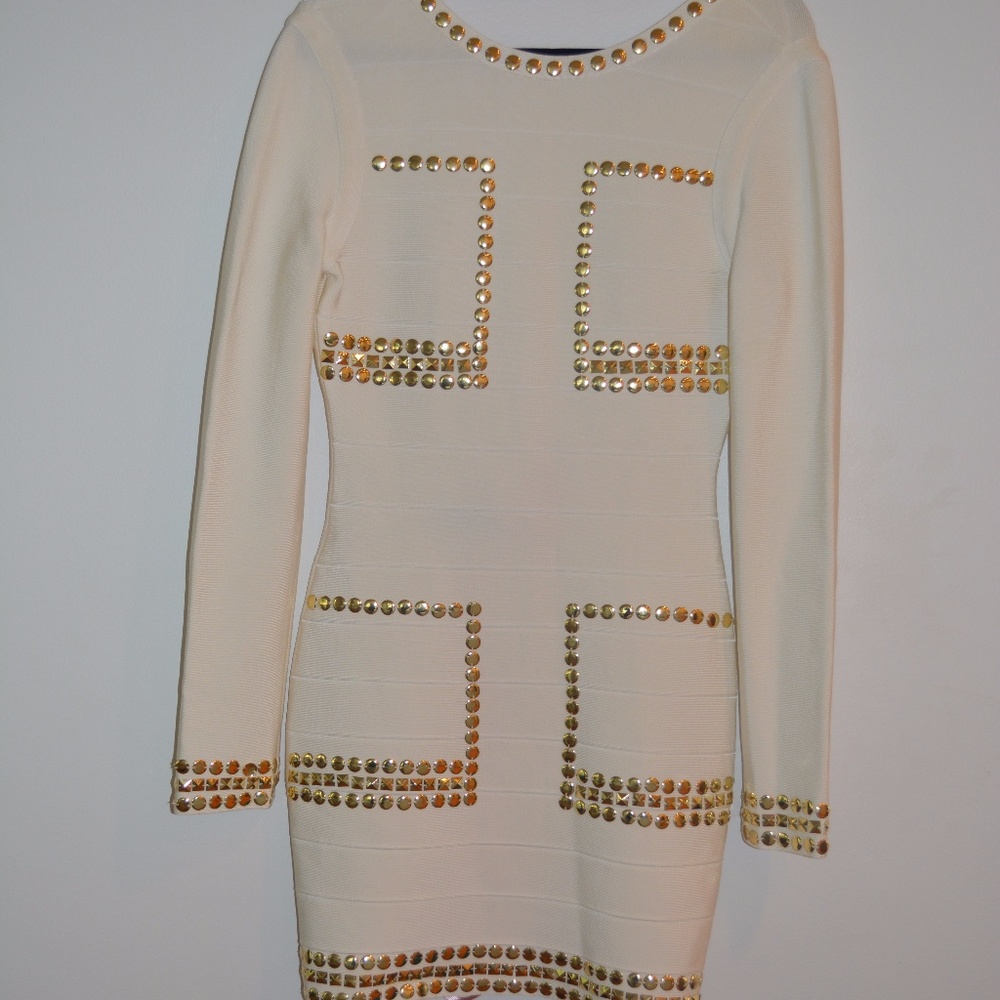 White Gold Studded Long Sleeve Dress